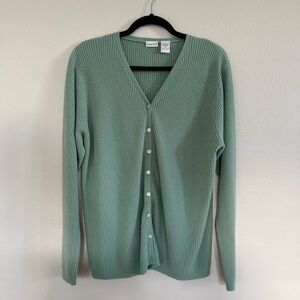 Vintage Women's Green Ribbed Cardigan Sweater Pearlescent Buttons